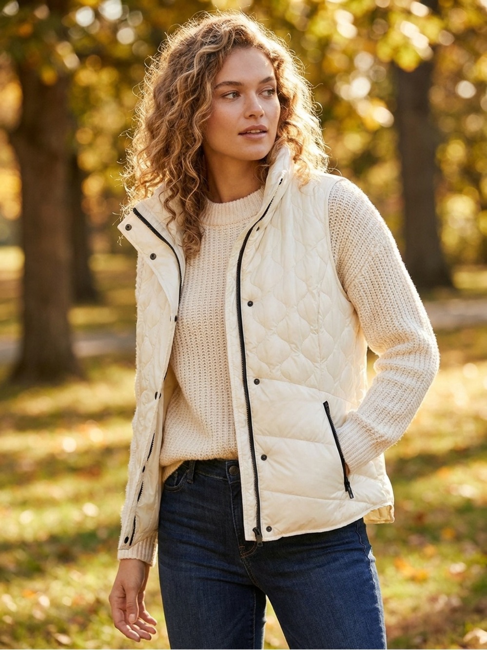 Talbots Cream Quilted Sleeveless Puffer Vest with High Collar